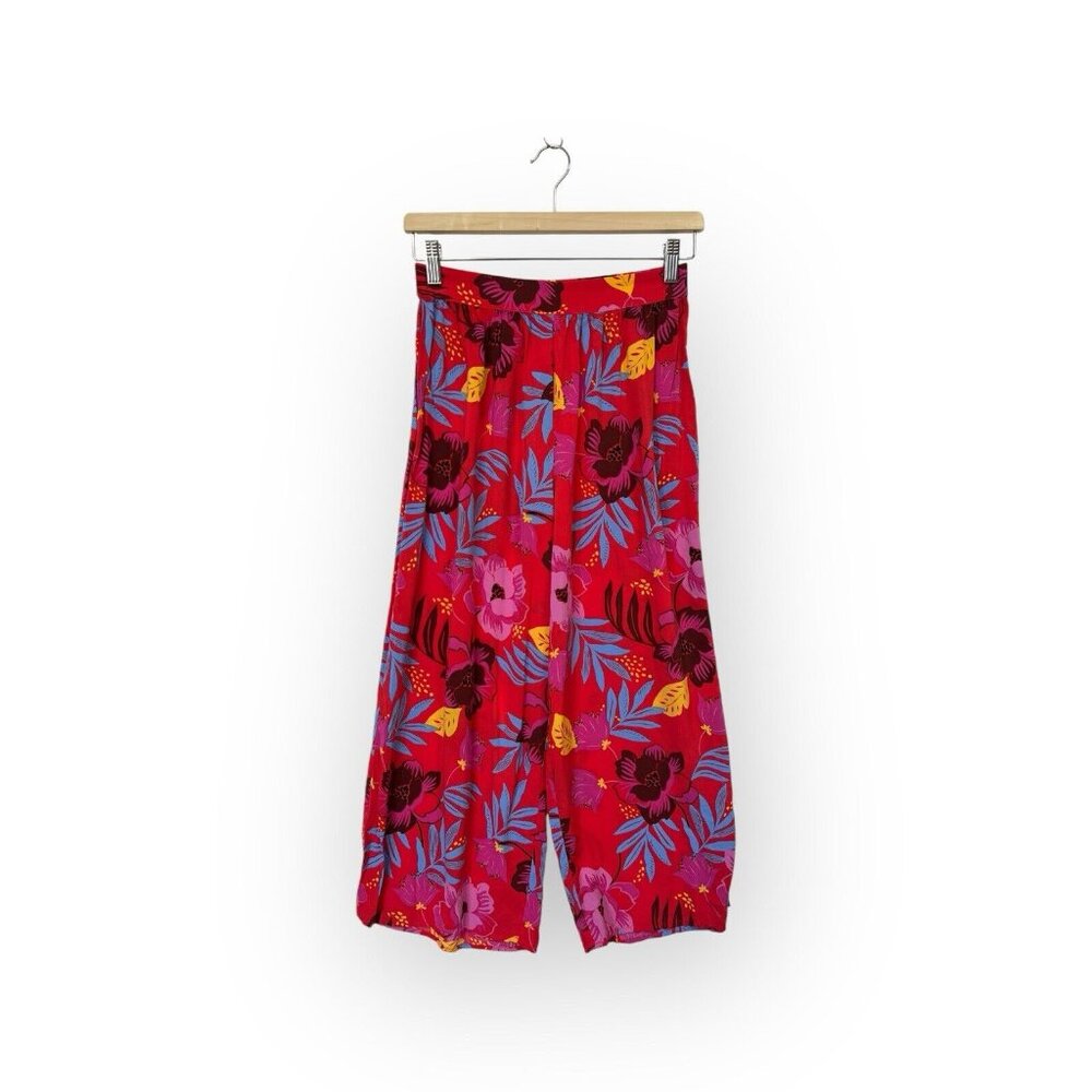 Seafolly Red Floral Cropped Pants Size Xs Wide Leg